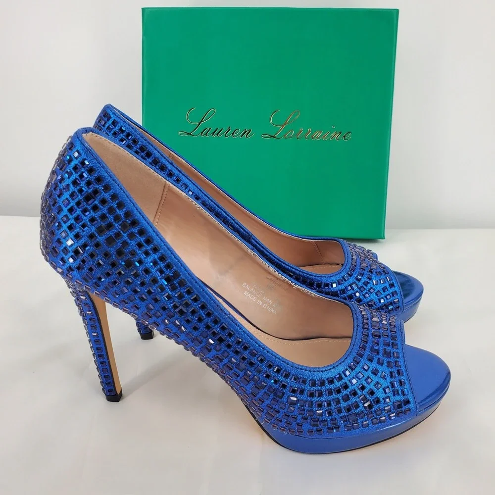 Lauren Lorraine Size 9.5 Candie 12 Rhinestone Peep Toe Platform Heels Navy Blue